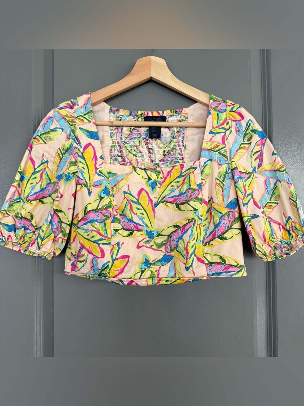 Rachel Roy Square Neck Smocked Tropical Leaf Print Puff Sleeve Crop Top